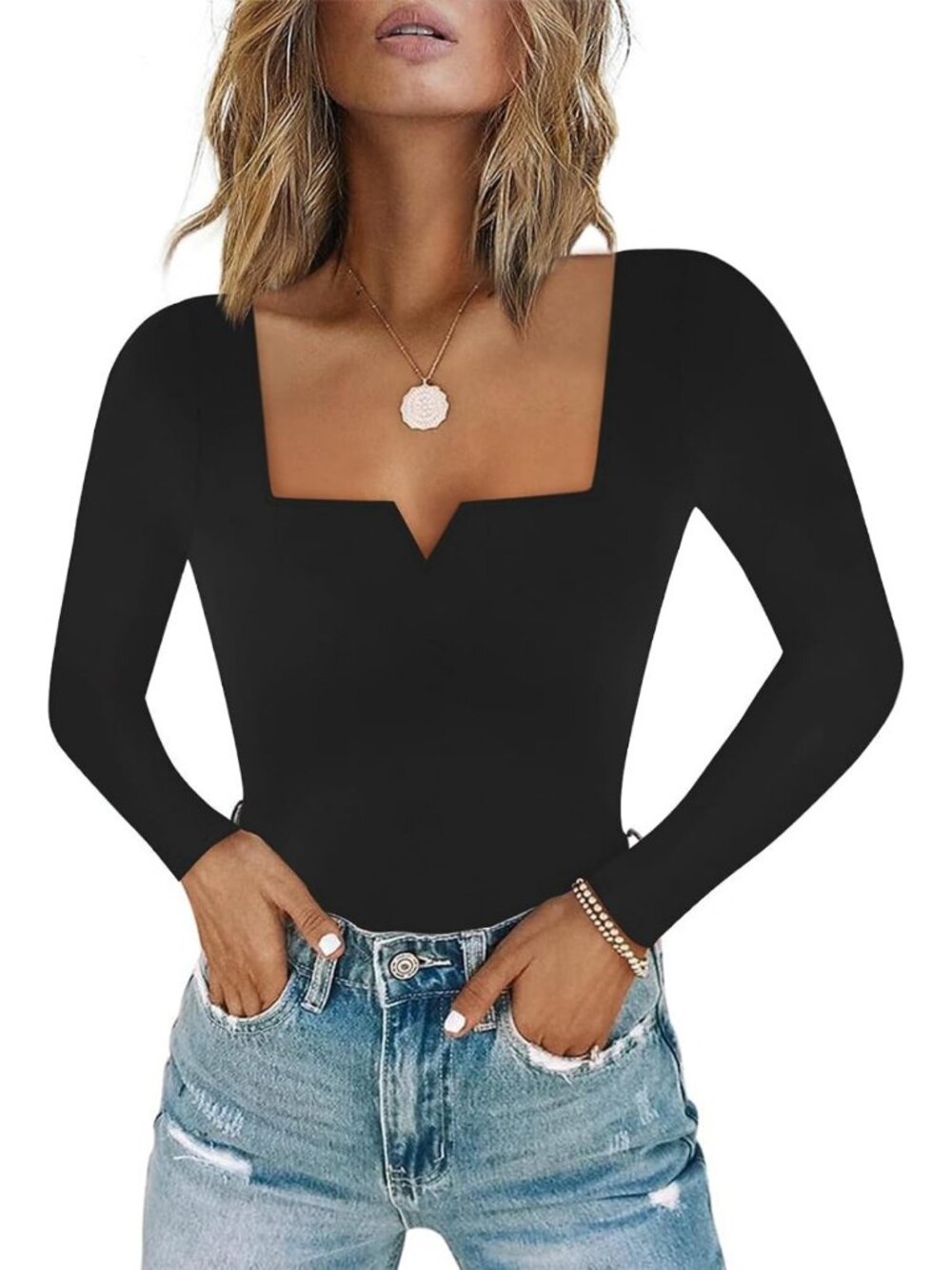 Chic Women's Square Notch V-Neck Bodysuit Top - Stylish Casual Outfit Essential